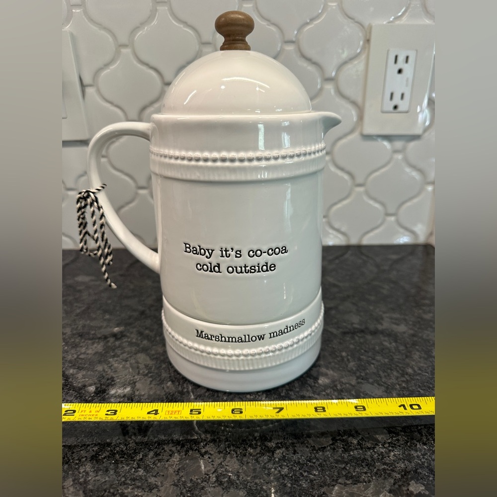 Mud Pie Circa Hot Cocoa Pitcher 3pc Set, White, marshmallows in bottom sticker